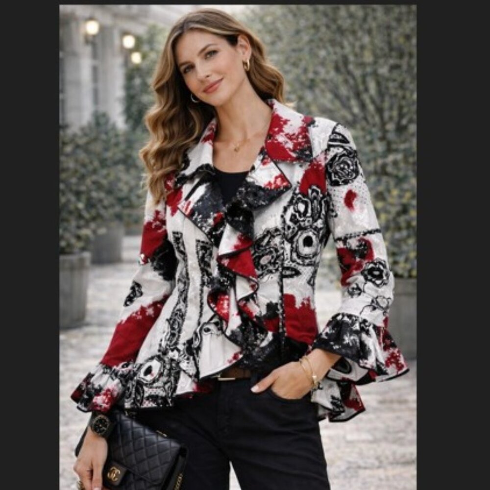 Berek Sequin Jacket L Pink Black White Ruffle Artwear Statement Chic